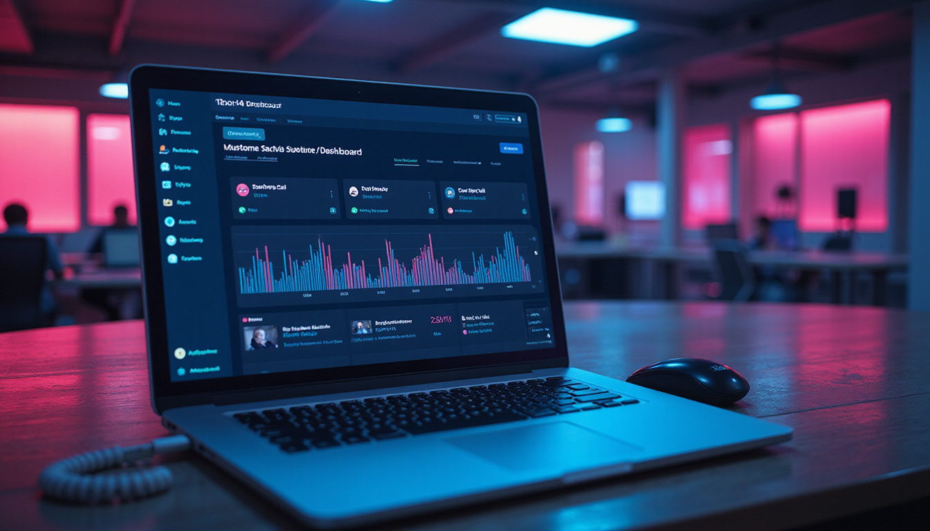 Futuristic customer service dashboard displaying real-time call analytics, sleek technology design