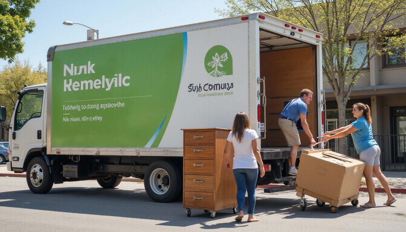  happy family unloading furniture into eco-friendly junk removal truck on sunny San Diego street