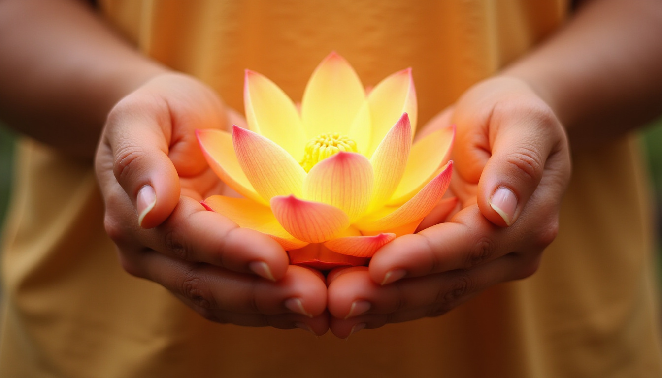  Hands holding a radiant lotus flower, symbolizing spiritual awakening and personal growth, warm tones