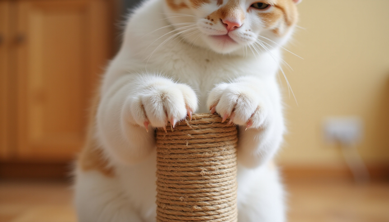  Close-up of cat claws gripping a sturdy wooden scratching post indoors