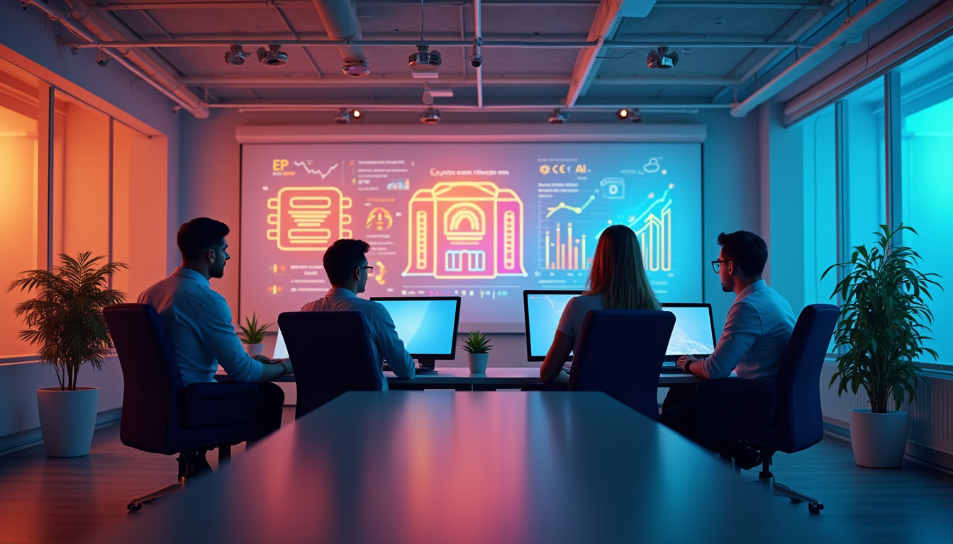 modern office, team discussing marketing, vibrant infographics, success symbols, bright lighting