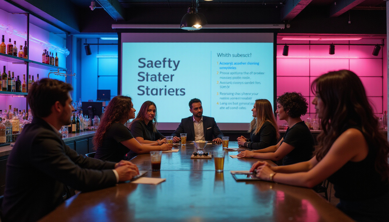 professional bar staff training session, interactive presentation, focused employees, safety protocols displayed