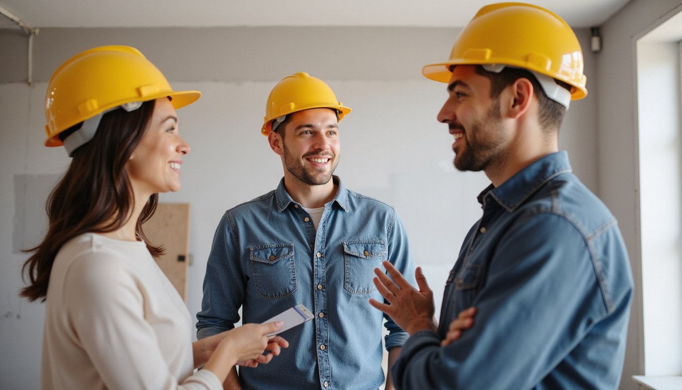  Friendly renovation team discussing house remodel, wearing hard hats at construction site
