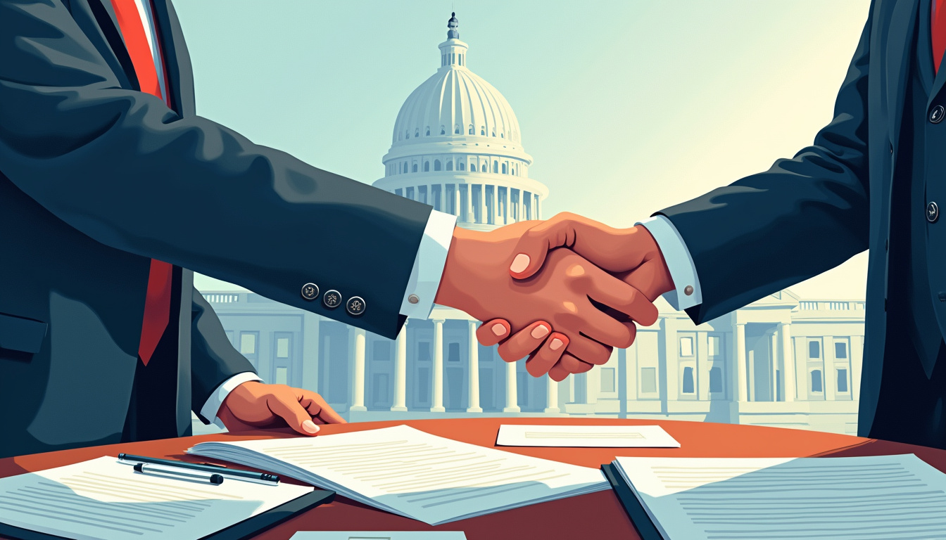  federal government building with contract documents, ethical business handshake close-up