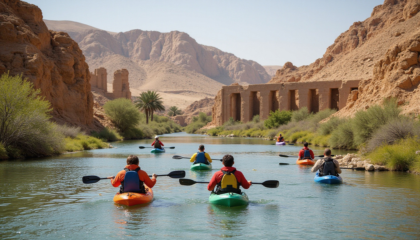 Adventurous group kayaking through wild Nile River surrounded by ancient Egyptian ruins and wildlife