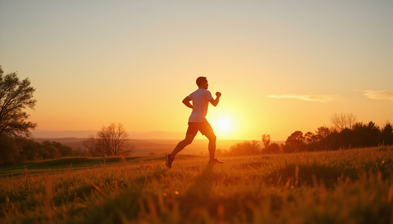  energized person jogging at sunrise, vibrant nature background, clear sky