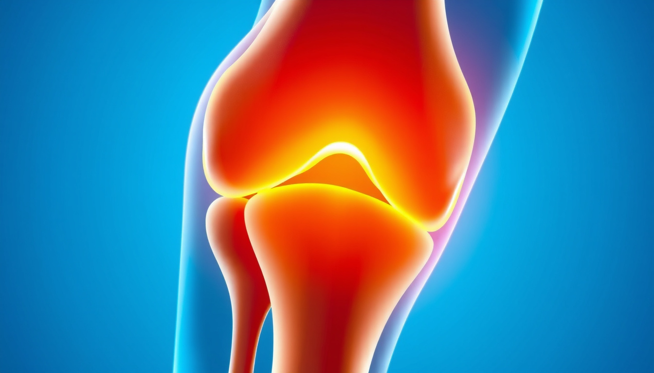  Close-up of knee joint anatomy with glowing cartilage, medical infographic style, blue background