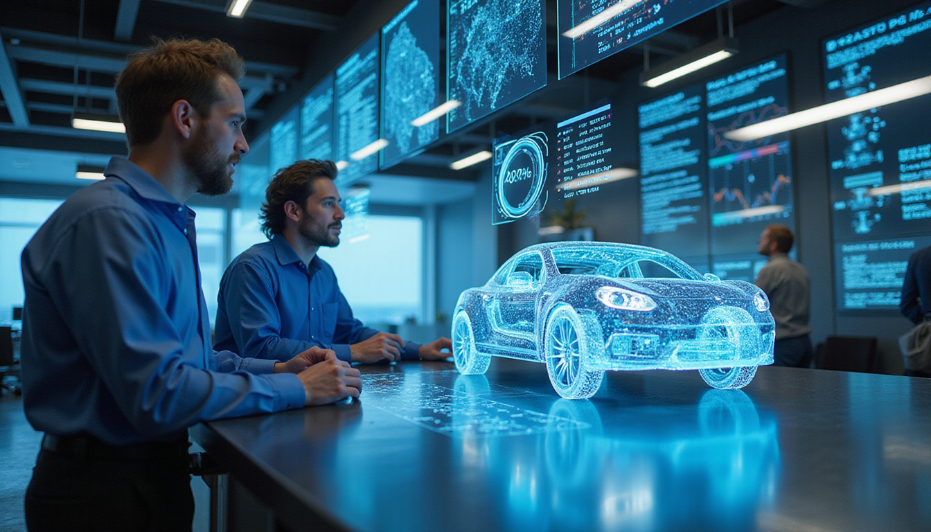  Engineers analyzing advanced automotive data with holographic displays, futuristic testing lab environment