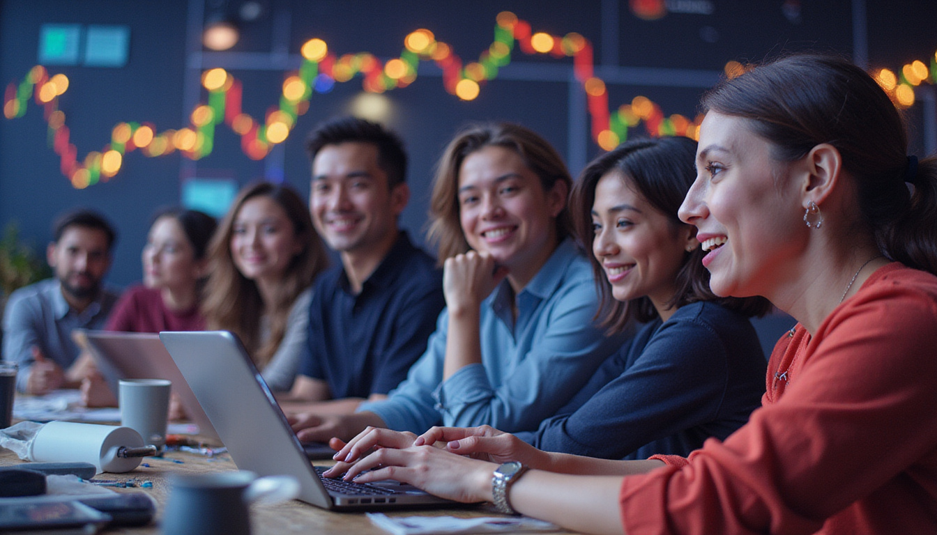  Diverse influencers livestreaming crypto tutorials with dynamic charts and glowing coins in background