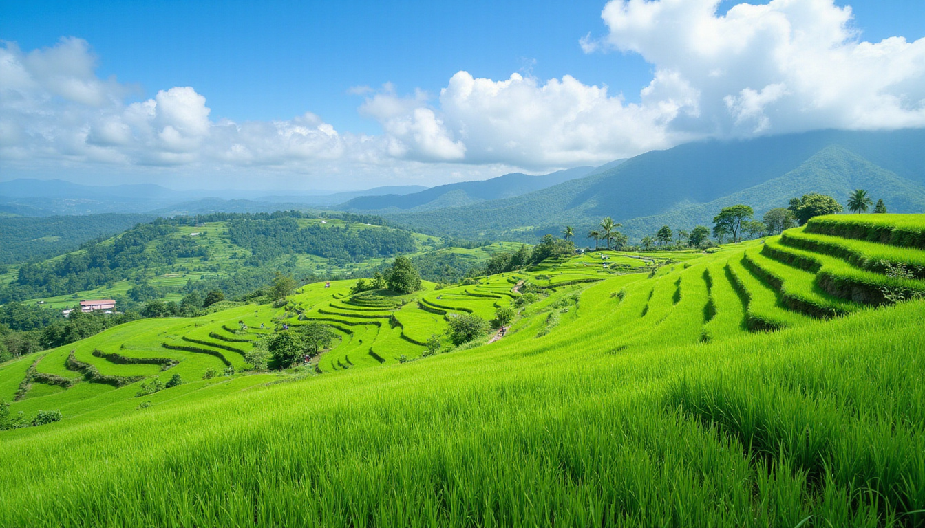 Lush green rice terraces in Bali with a bright blue sky and tourists exploring