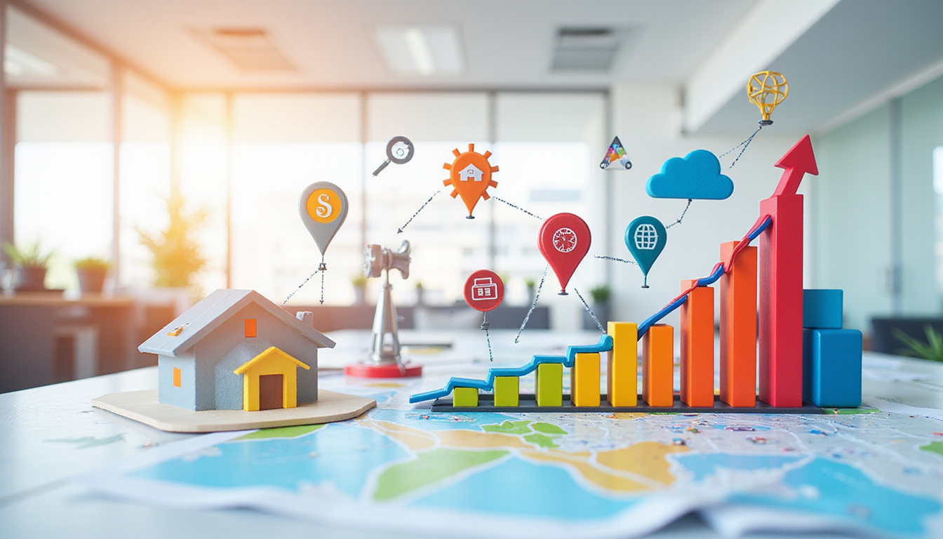 Digital marketing concept, SEO graph, real estate icons, local map, office workspace