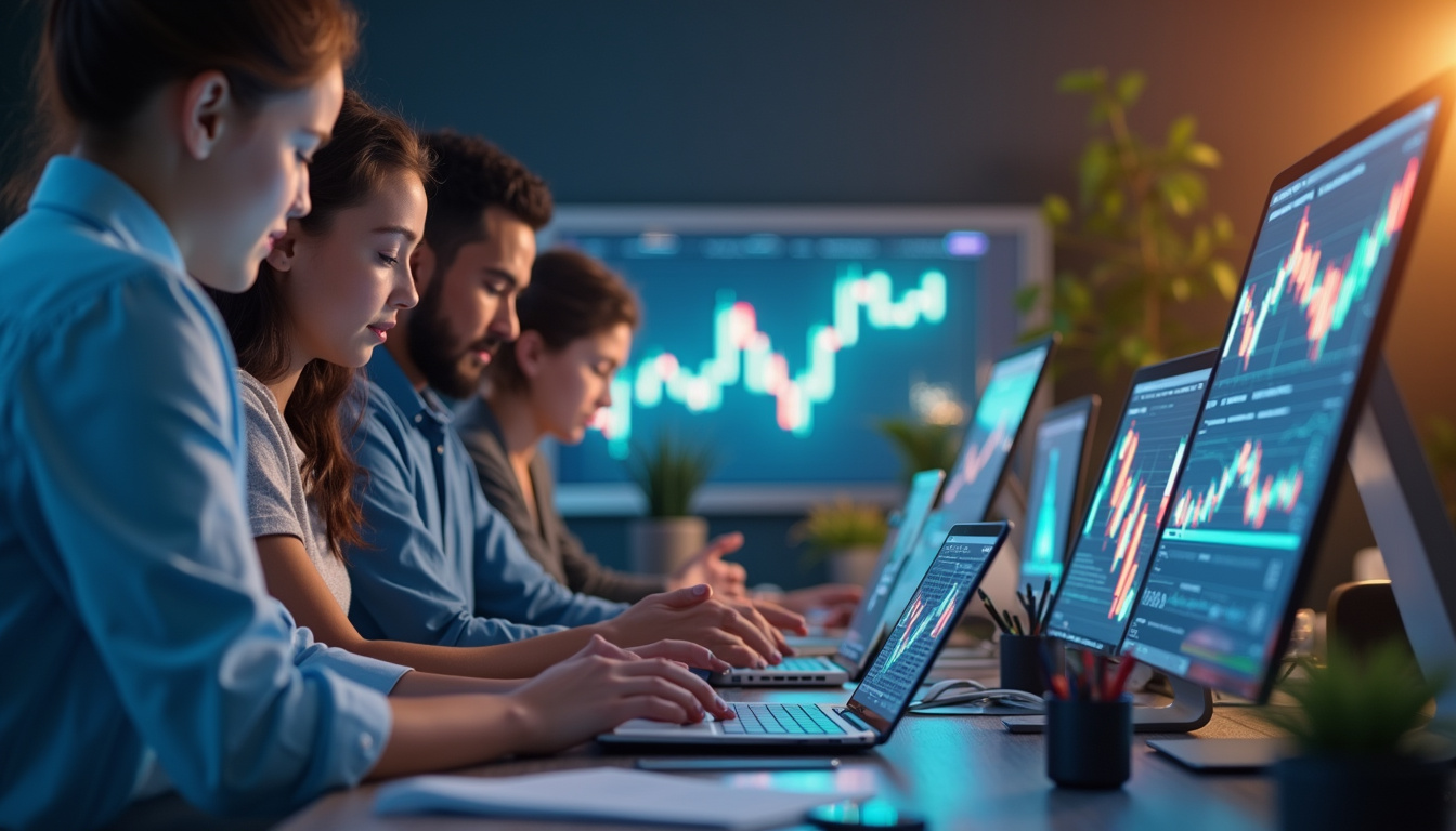  young diverse investors analyzing cryptocurrency charts on sleek digital devices in modern office