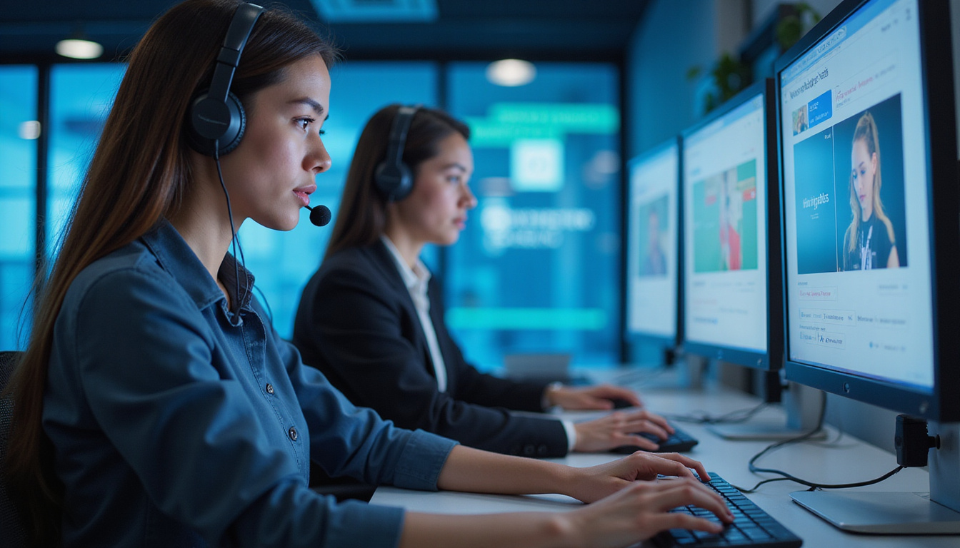 professional call center agents with headsets, digital interface displaying calls, high-tech environment