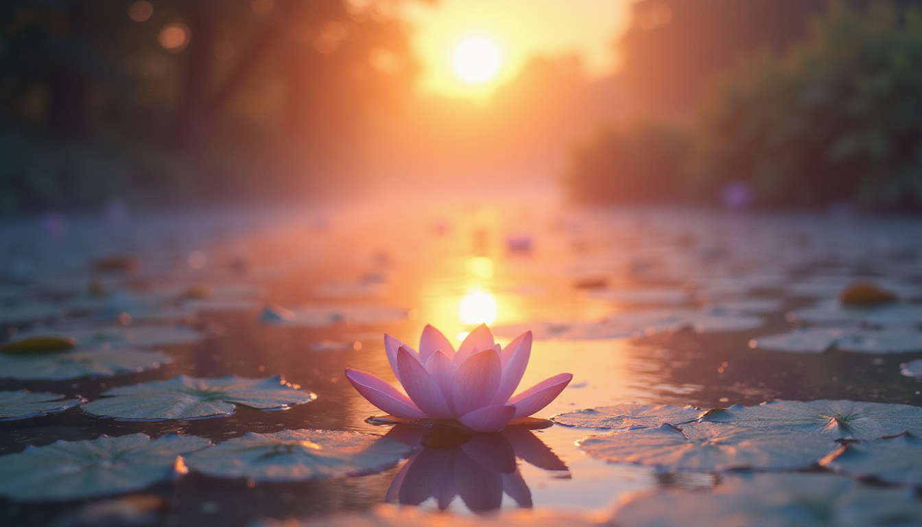  tranquil sunrise with floating lotus, ethereal light beams, inner peace and spiritual awakening