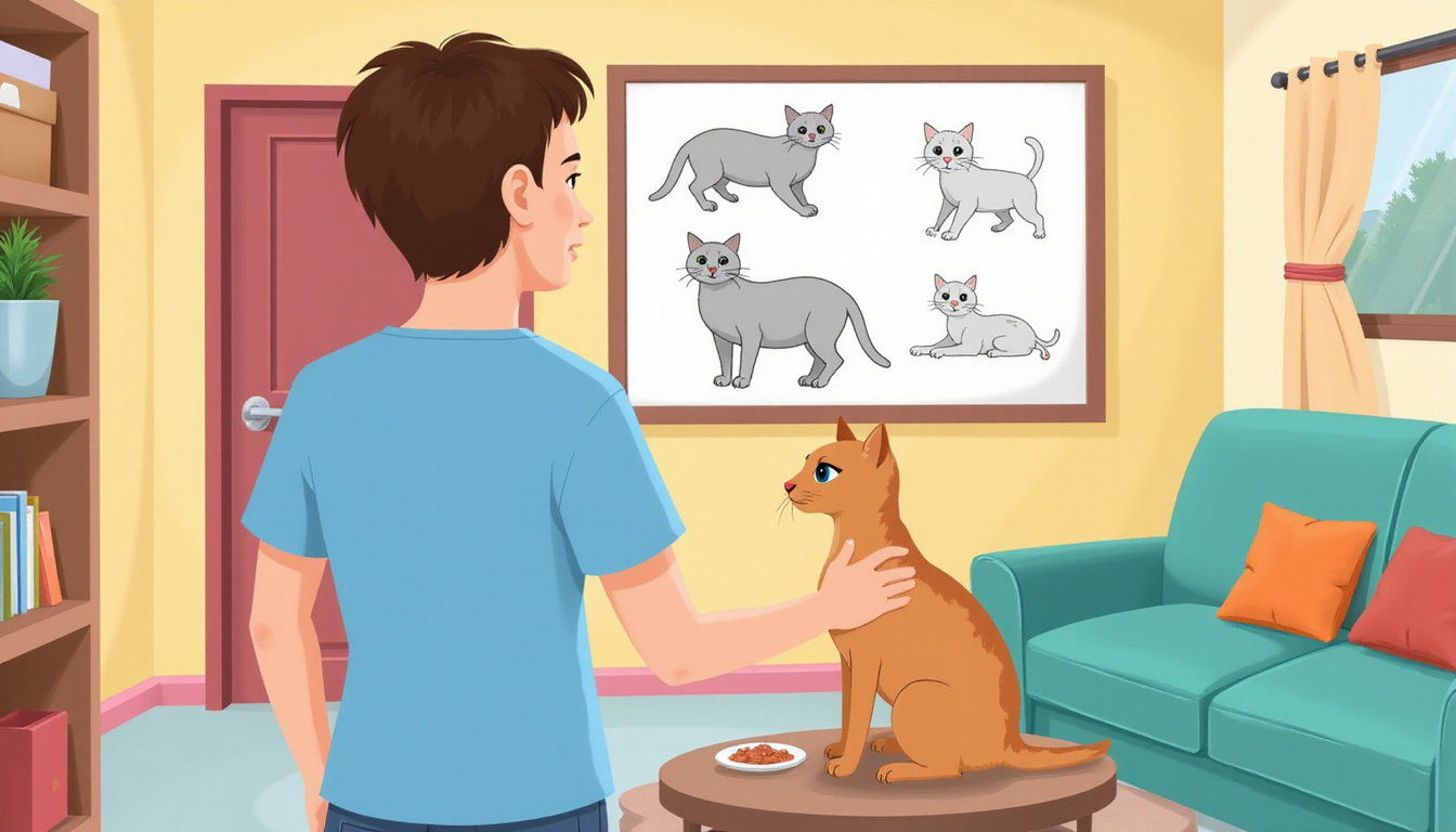  veterinarian explaining cat marking behavior to pet owner, cozy room, clear diagrams on screen