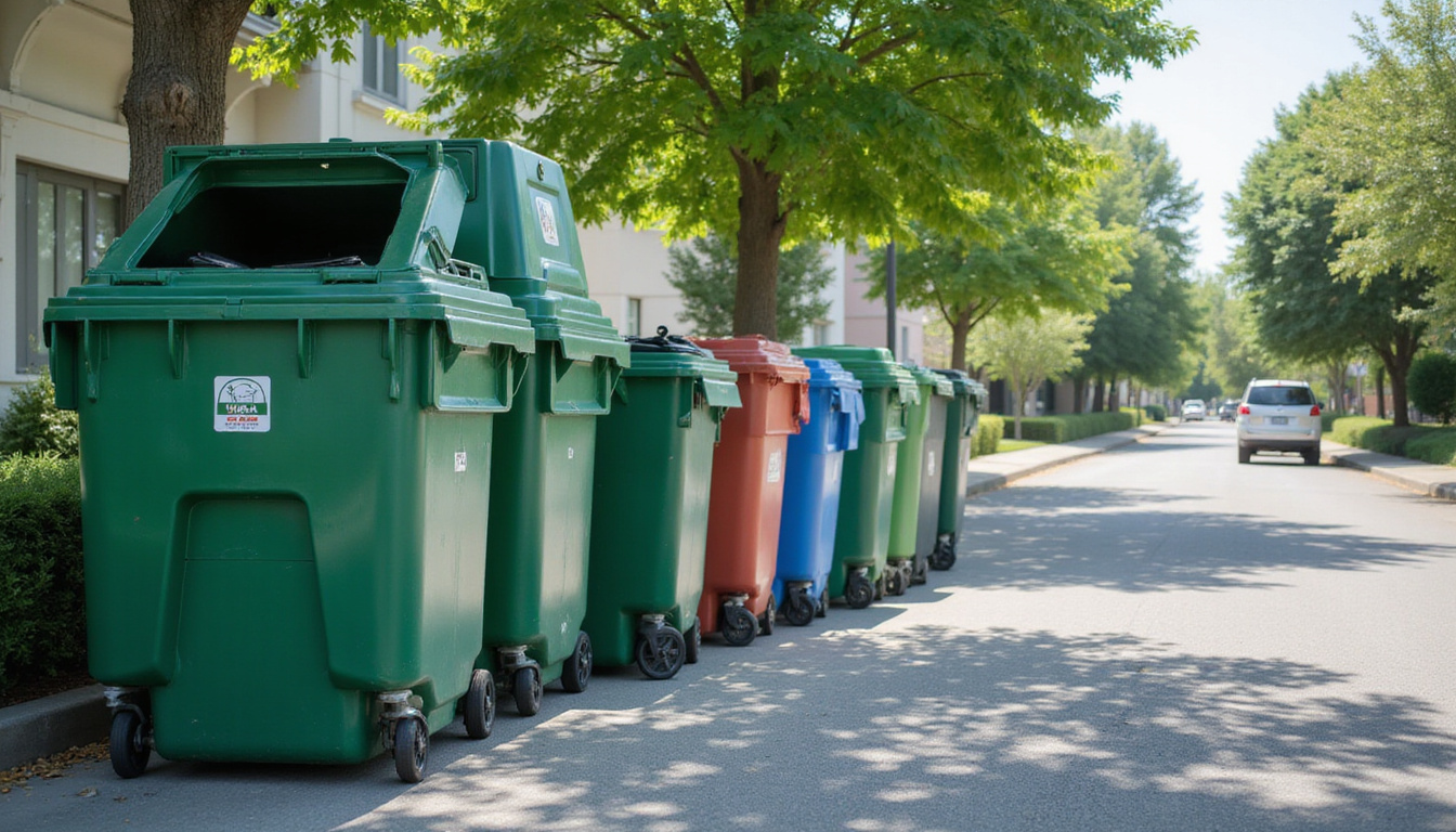  organized bulk trash bins lined up, clean suburban street, eco-friendly disposal vehicles