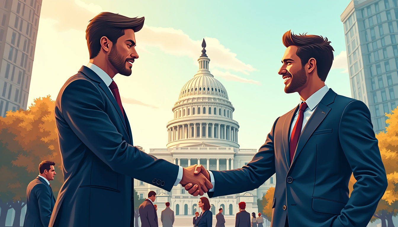  confident entrepreneur shaking hands with federal agent, diverse team collaborating, federal building in background