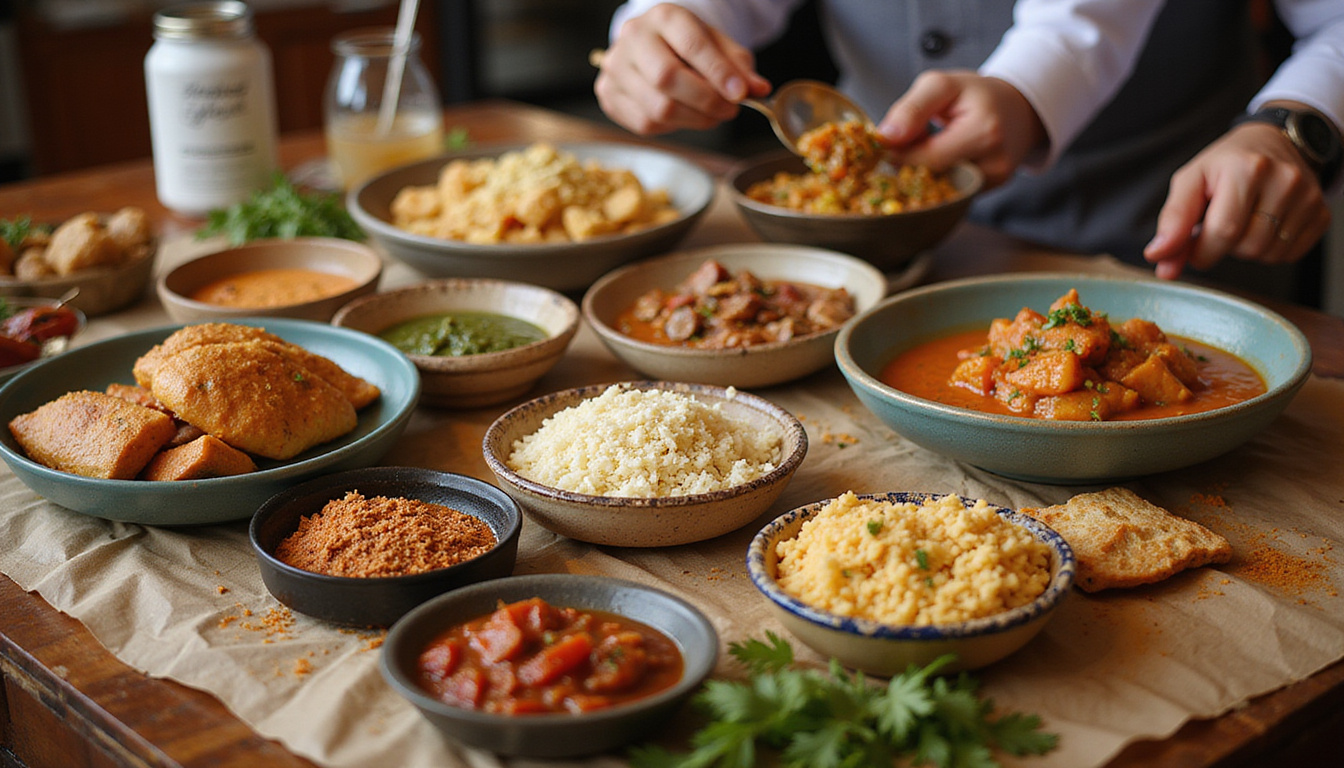  Traditional Egyptian feast with diverse dishes, aromatic spices, and happy tourists savoring flavors