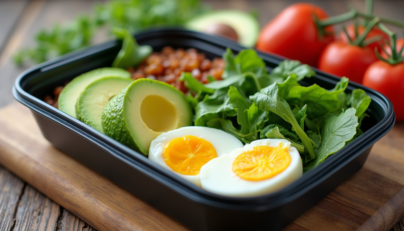  neatly packed low carb meal containers with eggs, avocado, and leafy greens on wooden table