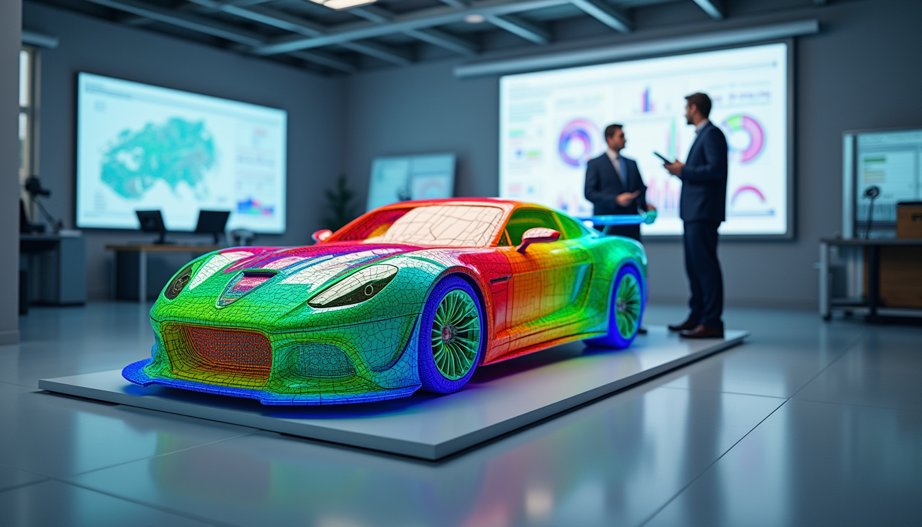  Engineers analyzing 3D aerodynamic simulation of high-performance vehicle in modern lab environment