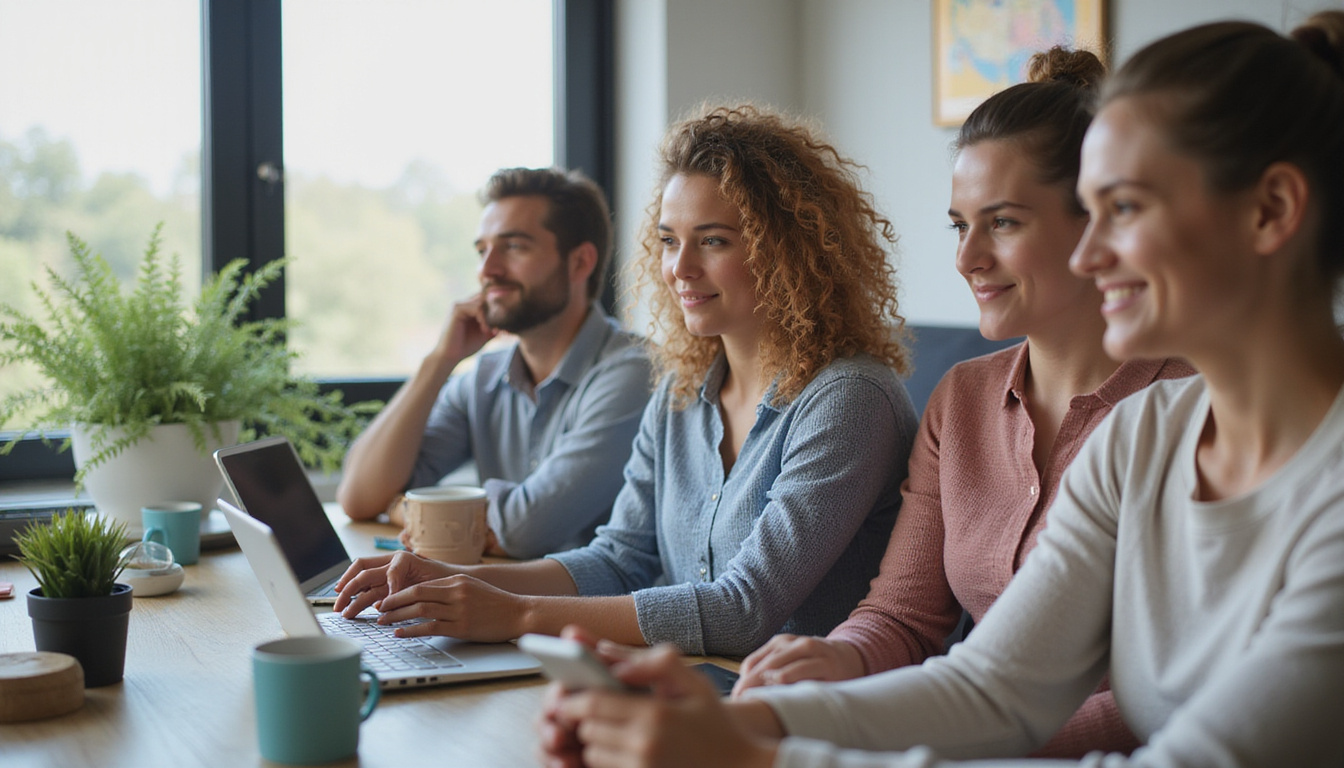  diverse group using AI-powered smart assistants in various daily activities, modern home setting