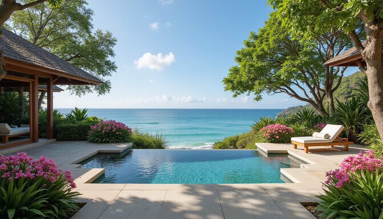 Luxurious tropical resort villa in Bali surrounded by vibrant flowers and ocean view