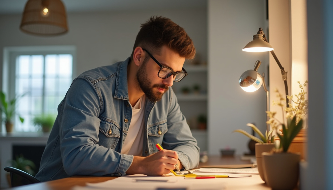  Stylish home interior inspection with bright lighting, measuring tools on table, focused appraiser