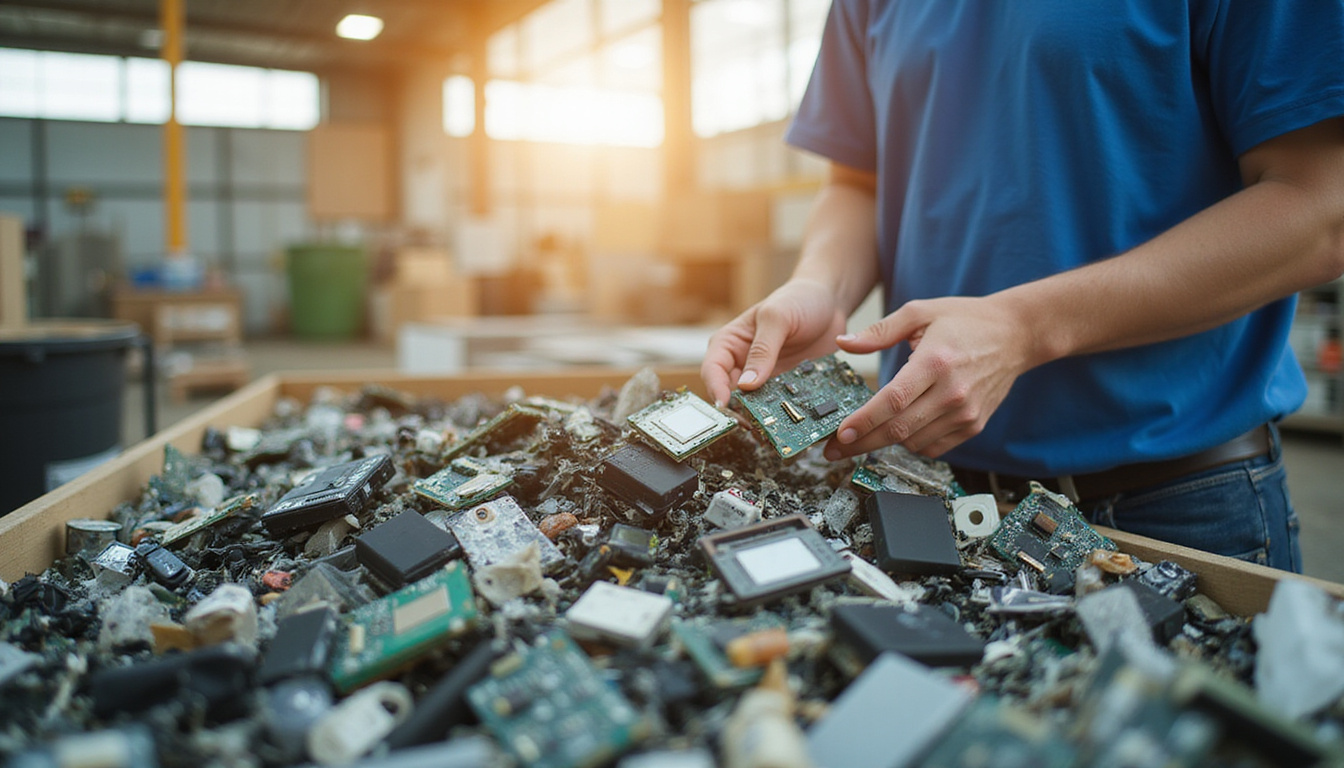 person separating electronic waste at recycling center, bright and clean environment
