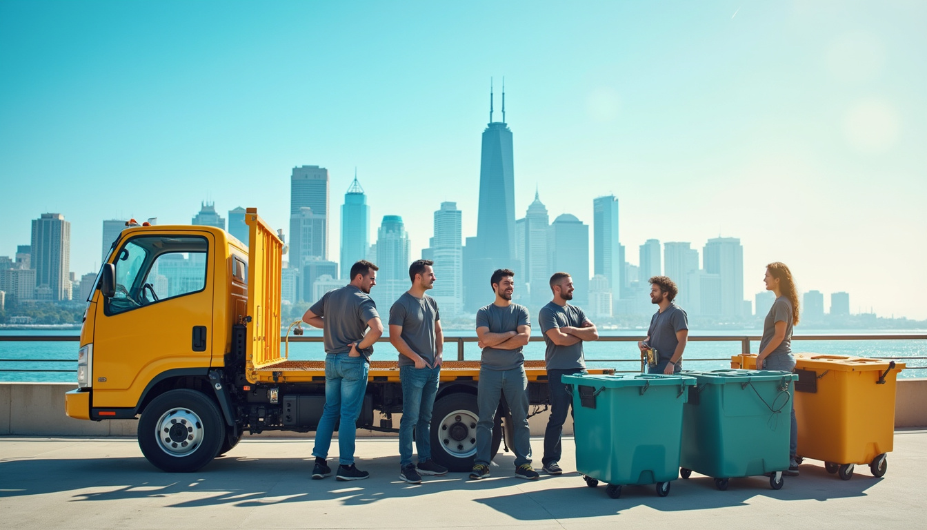 organized junk removal crew in front of San Diego skyline, bright day, eco-friendly waste disposal bins