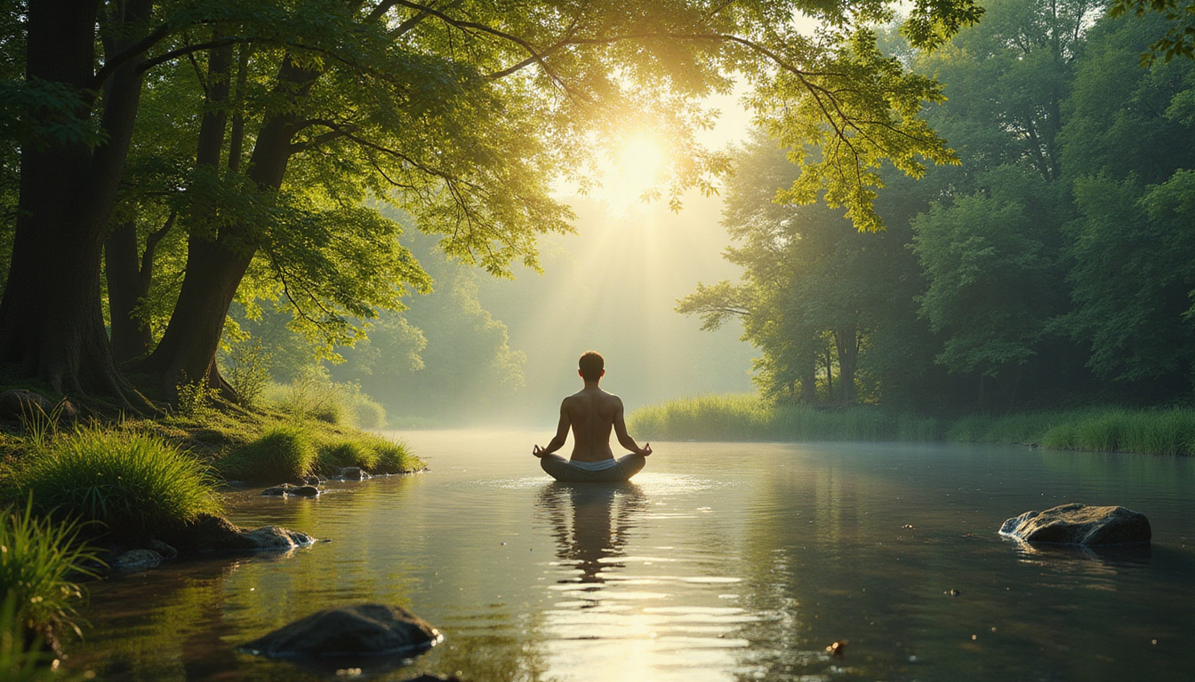  Tranquil nature scene with a person embracing spiritual energy, healing aura radiating