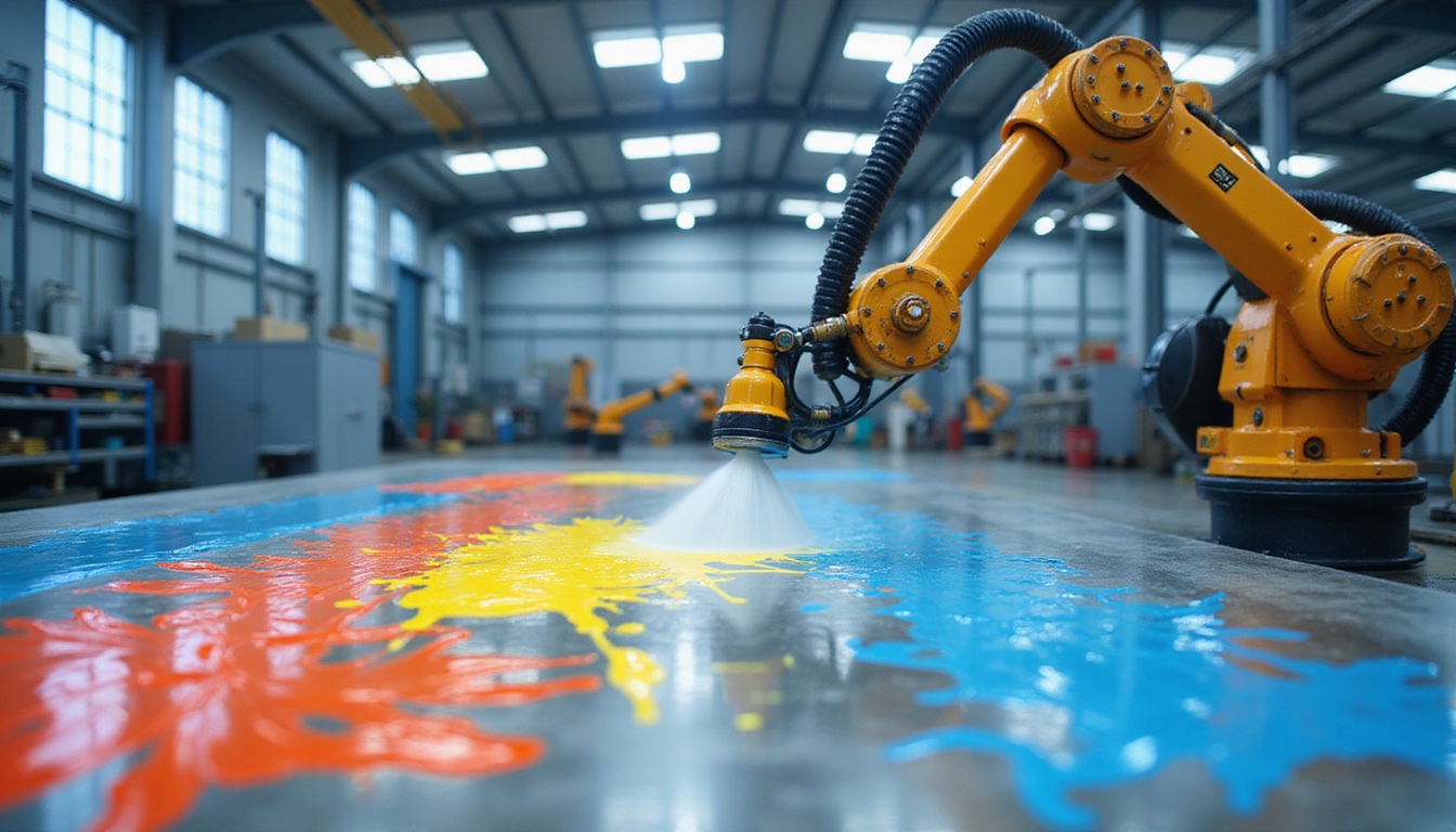 industrial robotic arm spraying precise paint patterns on metal surface, high-tech factory environment 