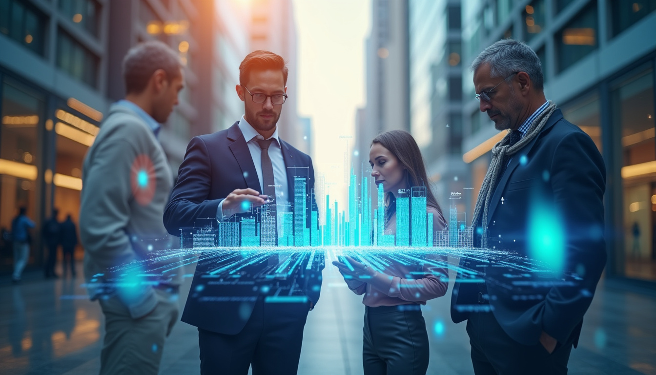 dynamic urban scene with holographic marketing graphs, diverse professionals strategizing with augmented reality tools