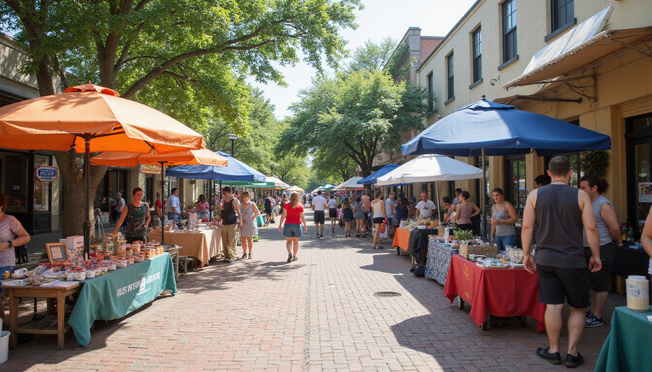 Outdoor Louisiana marketplace with vendors showcasing products, sunny day, lively atmosphere
