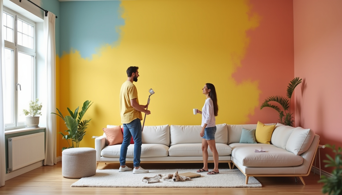  Happy family painting walls, bright interior, fresh renovated cozy living room