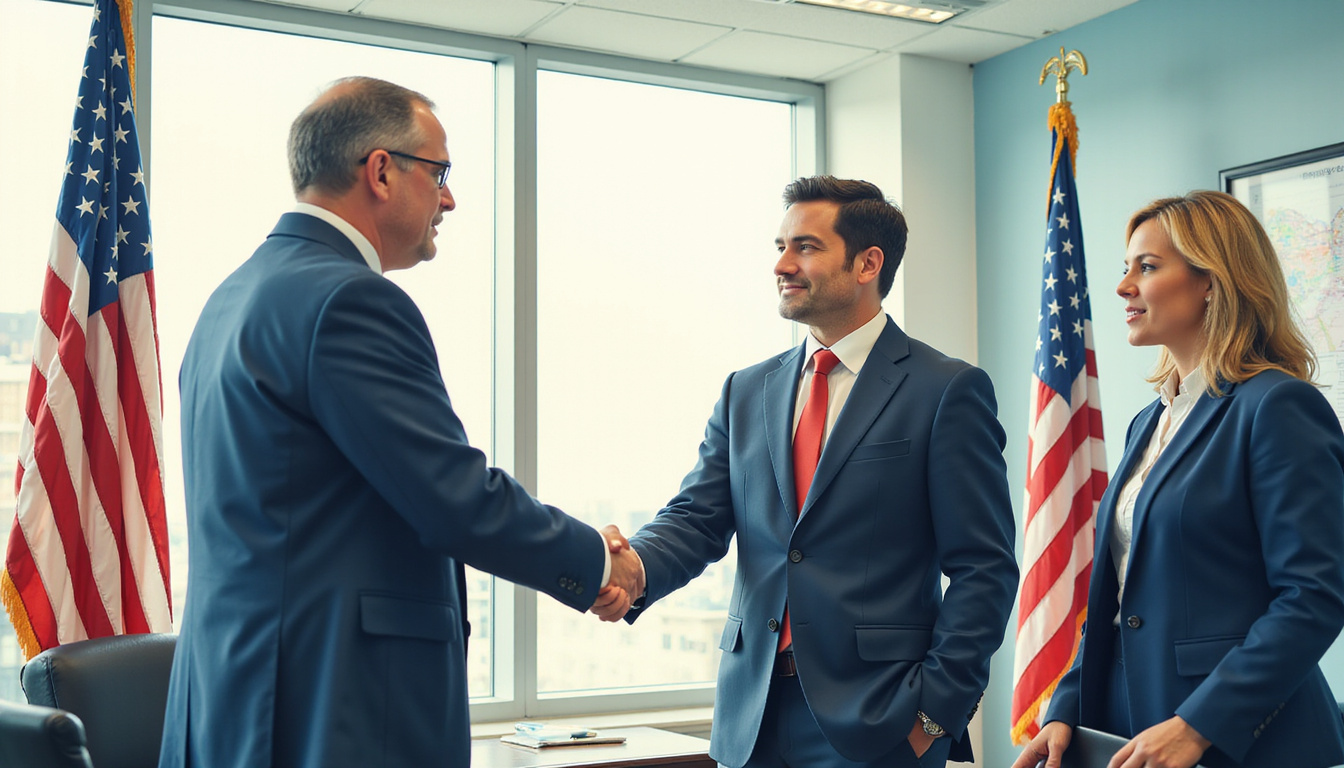 confident businesspeople shaking hands, winning federal contracts, office background with charts and flags