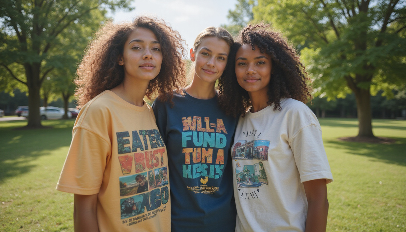  stylish sustainable fashion photoshoot, young diverse models wearing eco-friendly printed tees in urban park setting