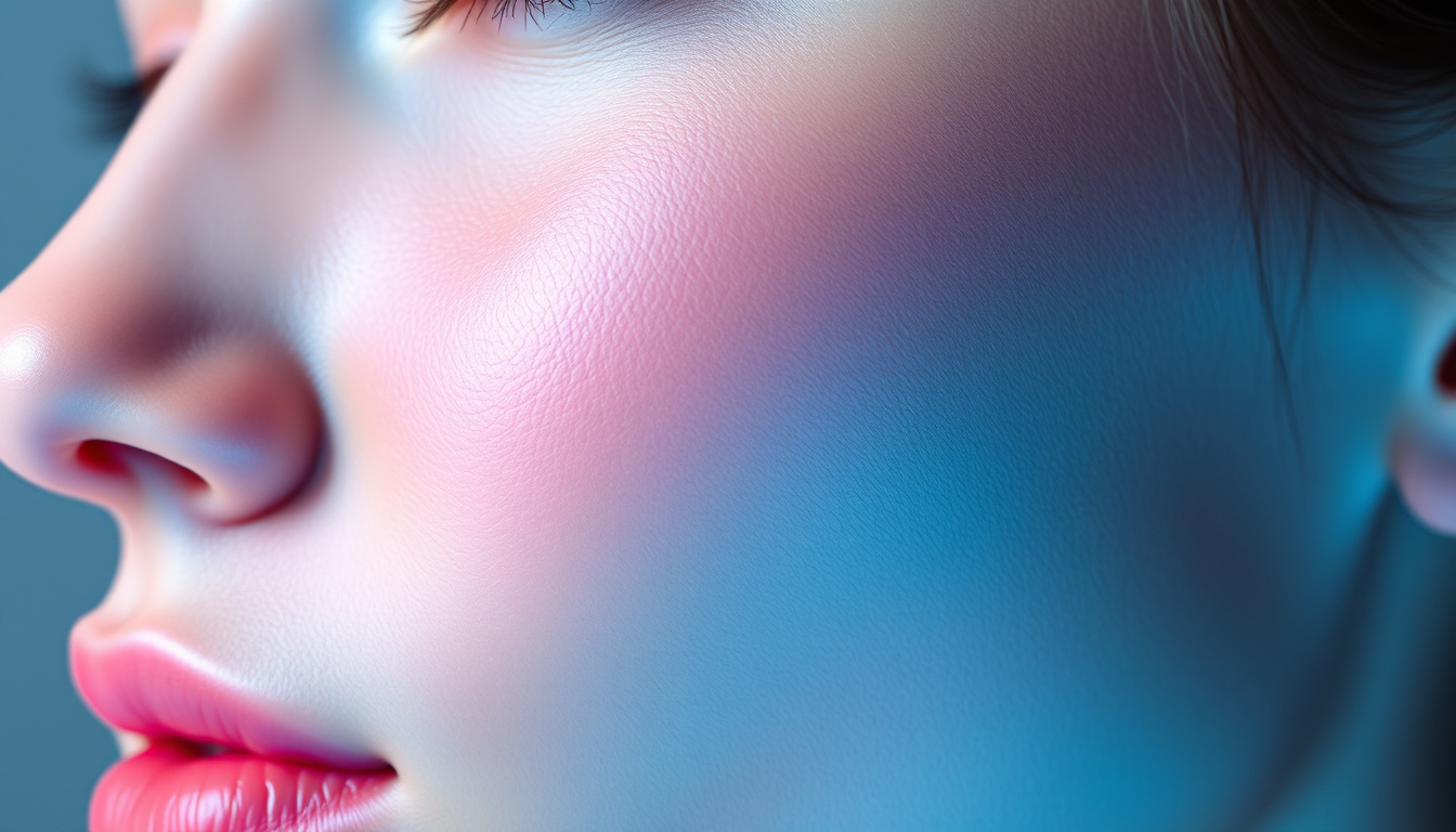  Close-up of smooth radiant skin with collagen peptides overlay, vibrant blue and pink hues, biotech aesthetic