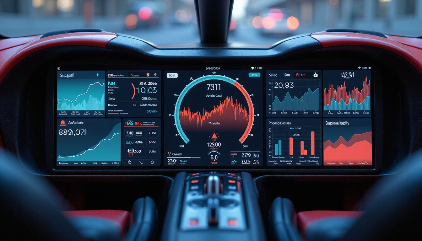 Futuristic racecar dashboard displaying real-time performance analytics and telemetry graphs