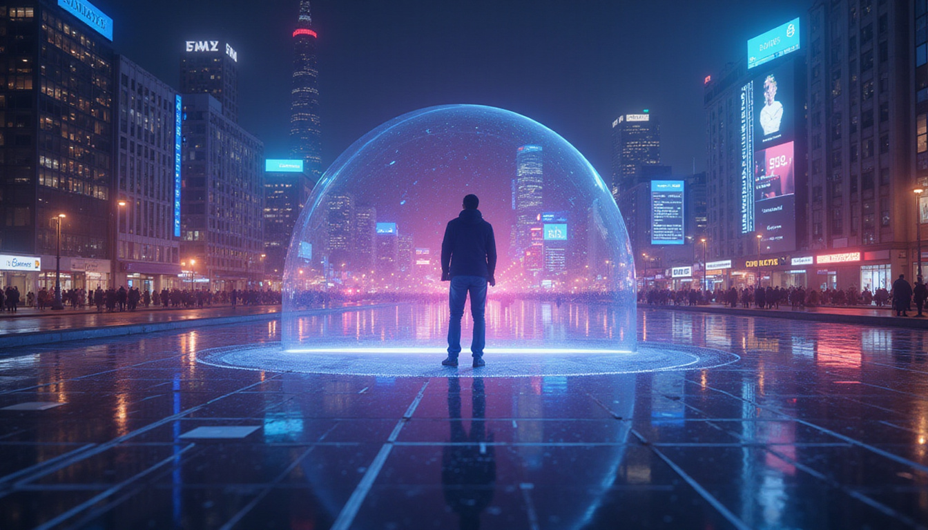 vibrant holographic interface showcasing viral marketing analytics in a digital cityscape