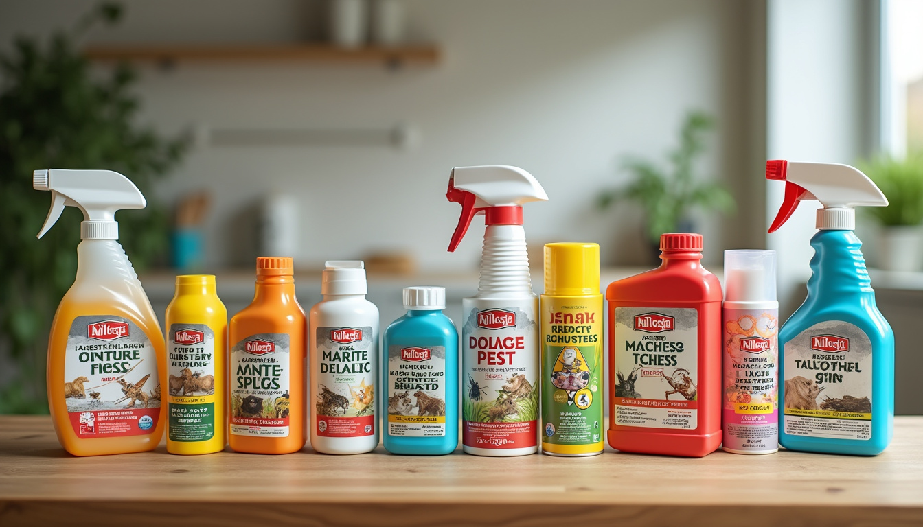 Array of pest control products lined up on a wooden table, bright labels visible