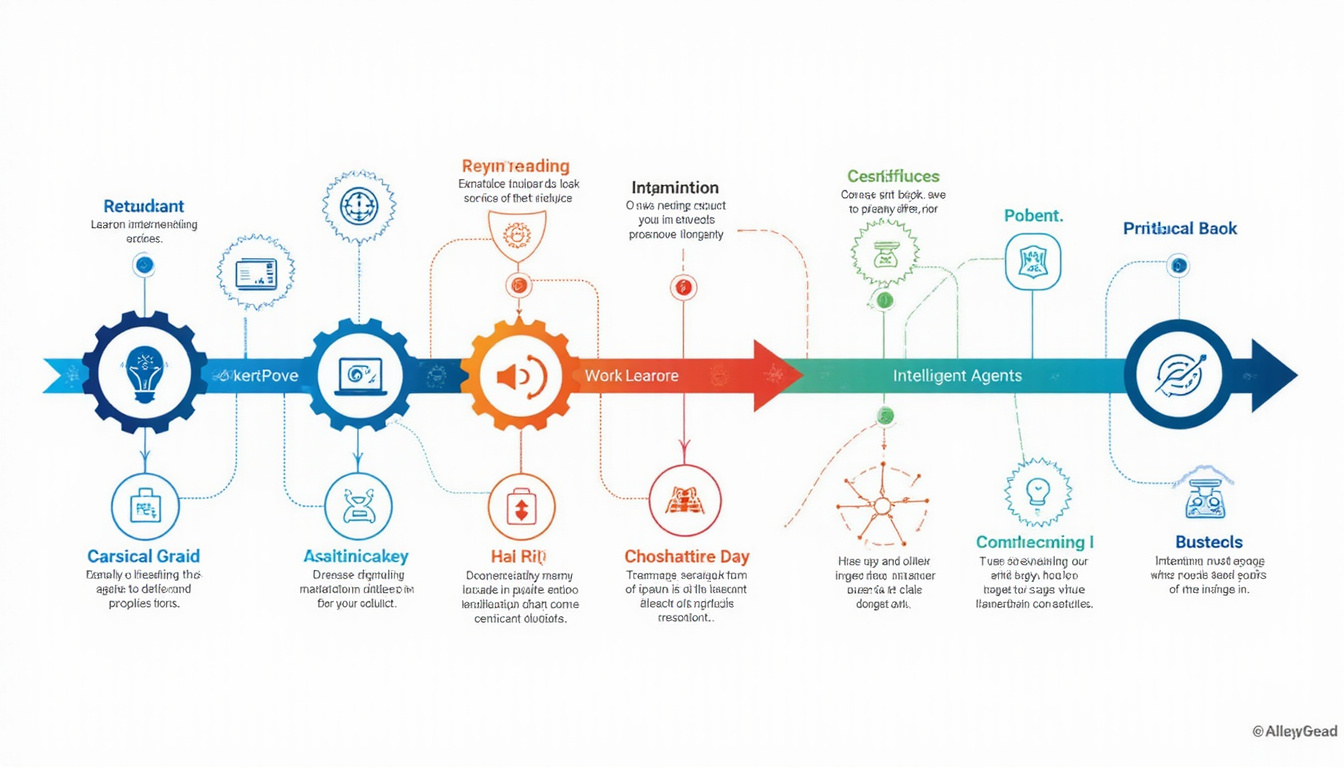 Detailed infographic showing stages of intelligent agent lifecycle with icons and flowcharts