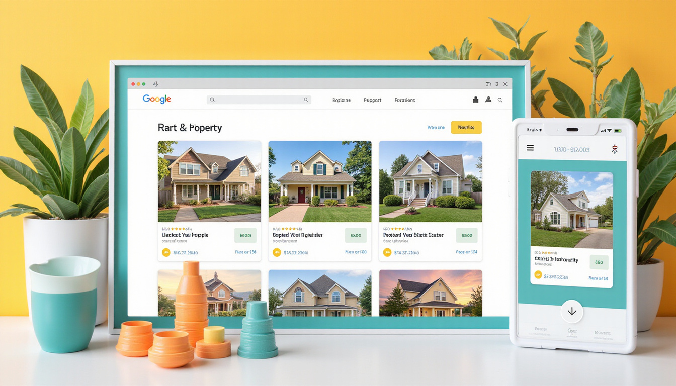  Vibrant rental property listings with search engine rankings and SEO icons floating around
