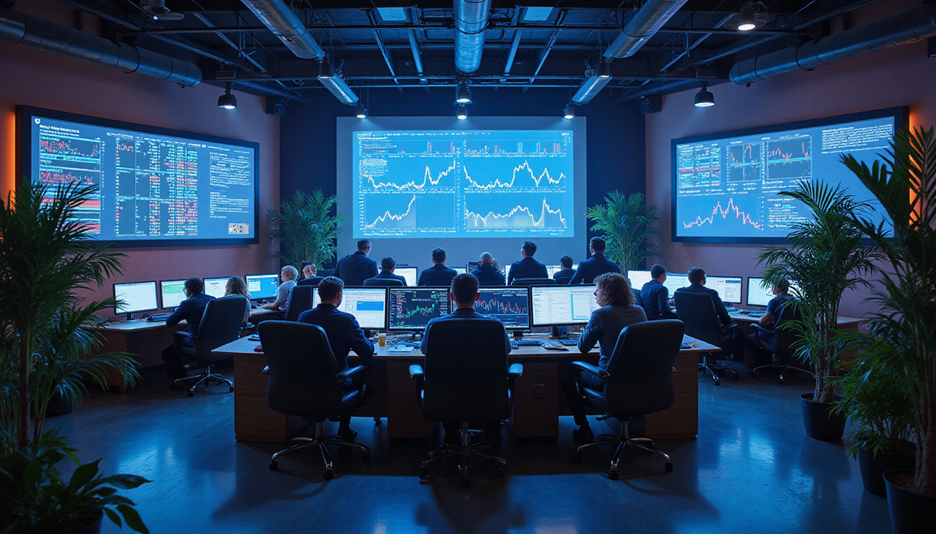 diverse group of miners collaborating in a high-tech control room surrounded by cryptocurrency charts and hardware rigs