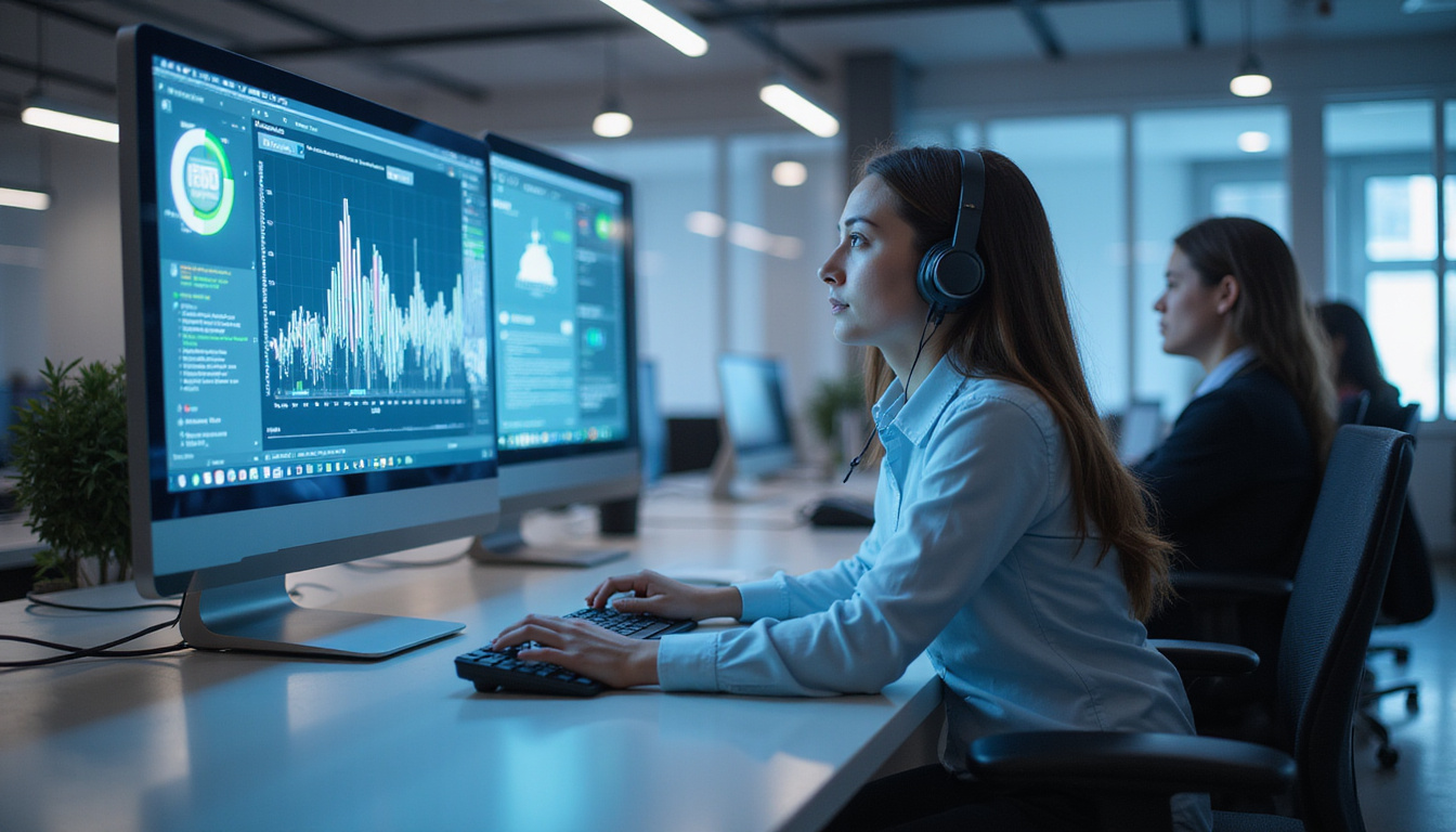  Sleek business environment showcasing smart call center technology, minimalist design, dynamic workflow