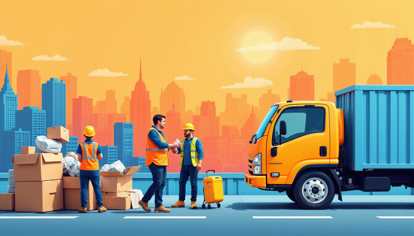 Organized junk hauling crew efficiently removing clutter, vibrant San Diego cityscape background