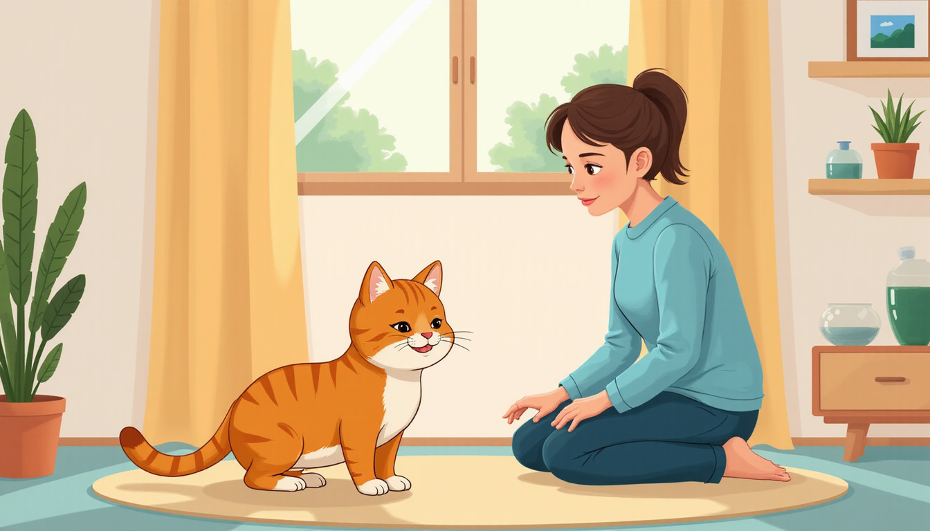 calm cat with owner training using positive reinforcement indoors 