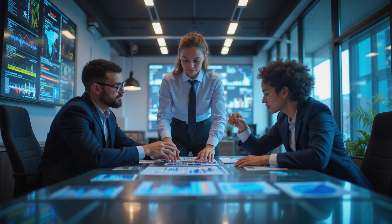  Modern business team analyzing digital graphs, bright infographic overlays, strategic demand generation concept