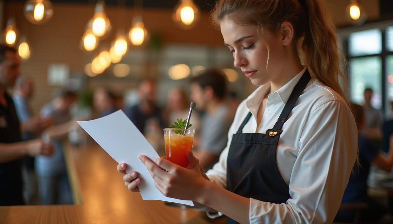 attentive server handling drinks carefully, checklist in hand, busy restaurant background, warm lighting