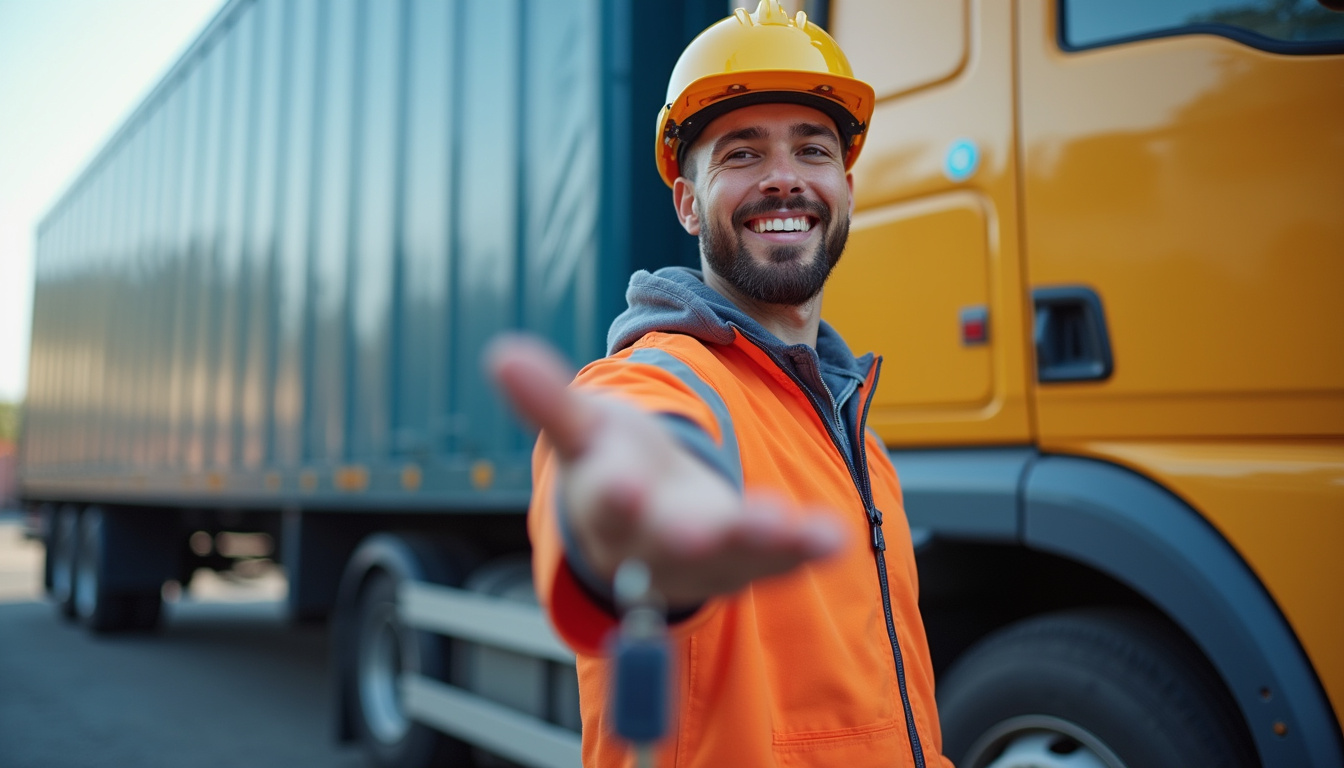  Smiling driver handing keys beside large hauling truck, urban background