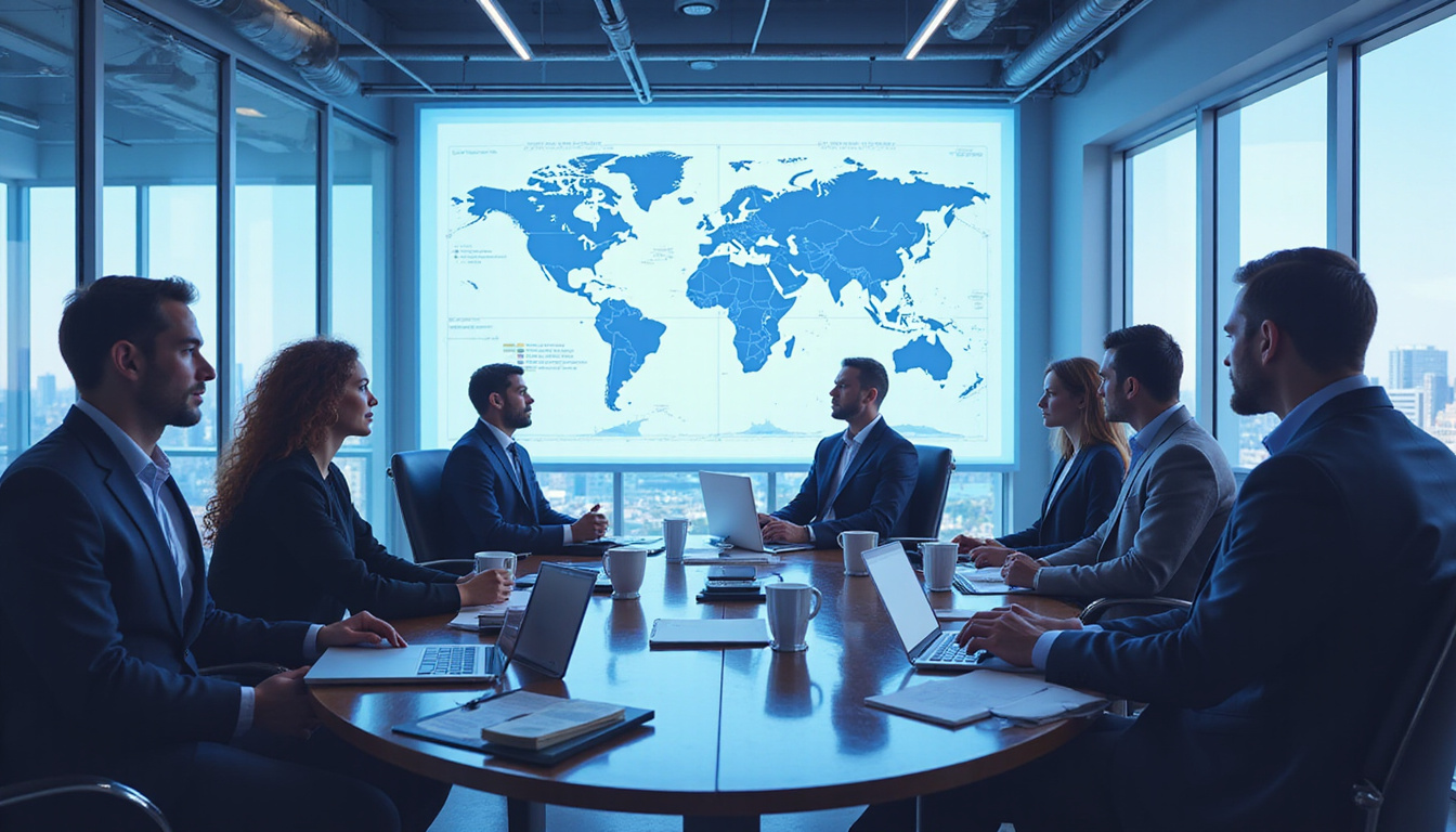  diverse entrepreneurs discussing federal contracts in modern office, digital charts and graphs displayed